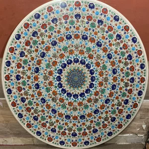 Master Piece Round White Marble Inlay Table Top having a Elegant Rose Flower Design