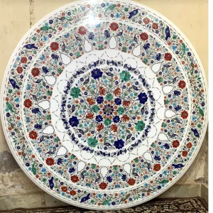 Unique Piece of Art Round White Marble Inlay Dining Table with Intricate design