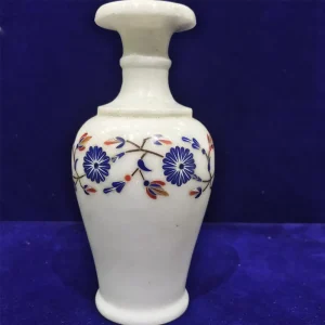 1-22.webp Elegant White Marble Inlay Vase with Blue Lapis Floral Design