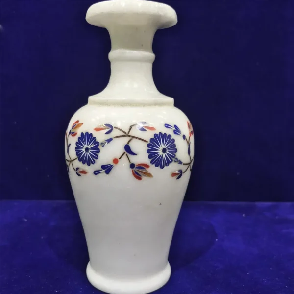 1-22.webp Elegant White Marble Inlay Vase with Blue Lapis Floral Design