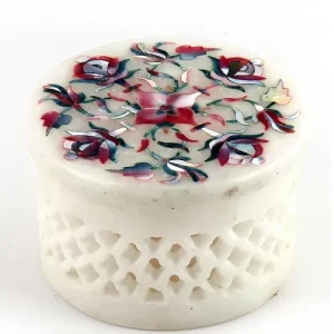 1-220.webp Round Mother of Pearl Inlay Marble Jewelry Box | Personalized Luxury Storage