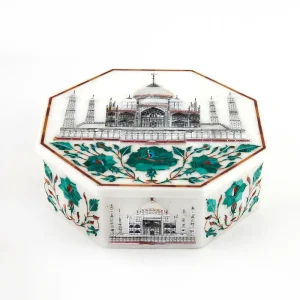 1-221.webp Taj Mahal Inspired Octagon Marble Inlay Jewelry Box | Agra Handmade Artistry