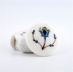 1-33.jpg Taj Mahal Marble Stone Inlay Work Coaster Set Indian Pietra Dura Inlay Abalone Shell