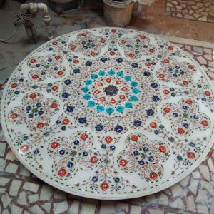 Round Marble Table Top | Inlay White Marble Dining Table
