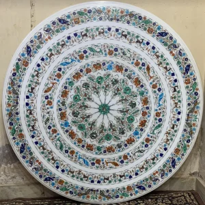Antique Round White Marble Inlay Table Top with elegant flower, birds, fish & animal designs