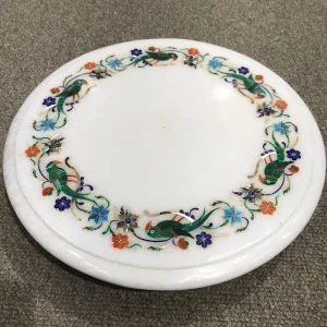 Elegant Round White Marble Side Table with Inlaid Floral Design
