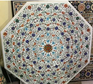 Octagonal White Marble Inlay Dinner Table Top with multi semi-precious stone inlaid