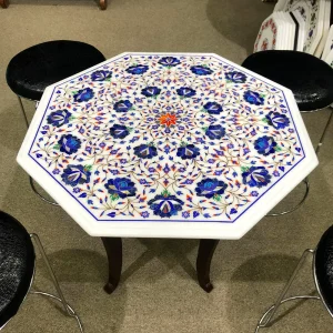 1-5.webp Octagonal Marble Inlay Coffee Table with Blue Floral Design