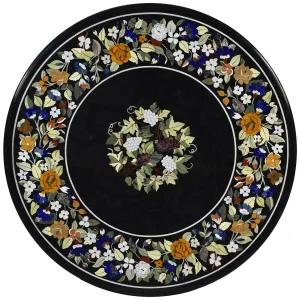 1-6-4.webp Handcrafted Round Black Marble Floral Inlay Dining Tabletop – Elegant Pietra Dura Art