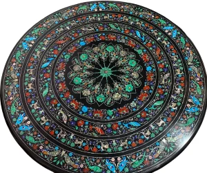 10.webp Round Black Marble Inlay Dining Table Top with intricate pattern