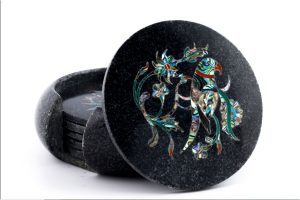 2-1-4.jpg Black Marble Inlay Coaster Set – Parrot & Floral Design, Handmade Luxury Tableware