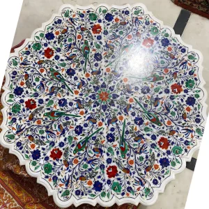 Luxury & Unique White Marble Inlay Coffee Table with Intricate Design