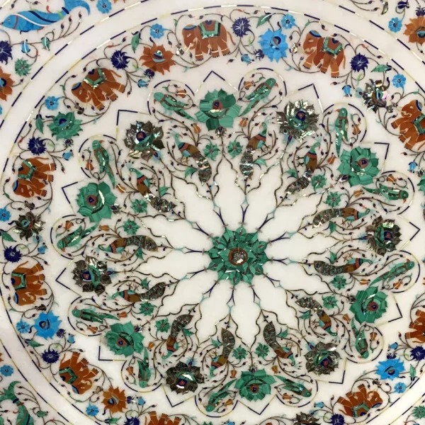 2-4-2.webp Antique Round White Marble Inlay Table Top with elegant flower, birds, fish & animal designs