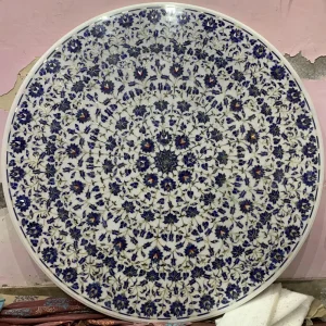 Round White Marble Dining Table Top with lapis lazuli inlay stone