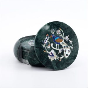 Handcrafted Green Marble Peacock Inlay Coaster Set – Luxury Table Décor