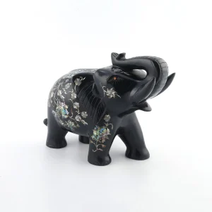Pietra Dura Black Marble Inlay Elephant Sculpture - Intricate Stone Inlay Artwork