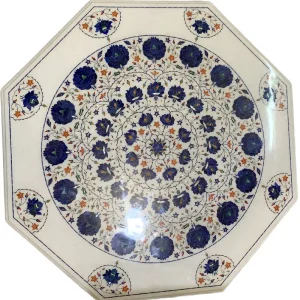 3-2-4.webp Lapis Stone Octagon White Marble Inlay Center Table For Small Space