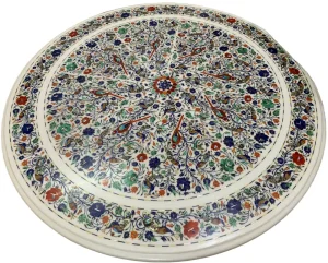 Round White Marble Inlay Dining Table Top best piece for Home Decor with parrot & Peacock Design