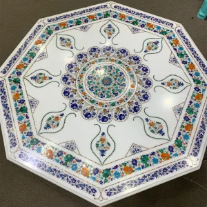 Masterpiece White Marble Inlay Dining Table – Handcrafted Elegance for Your Home