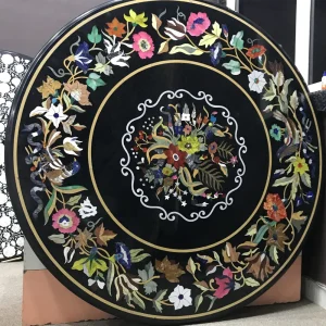 3-9-2.webp Round Floral Pietra Dura Marble Dining Tabletop – Handcrafted Inlay with Semi-Precious Stones