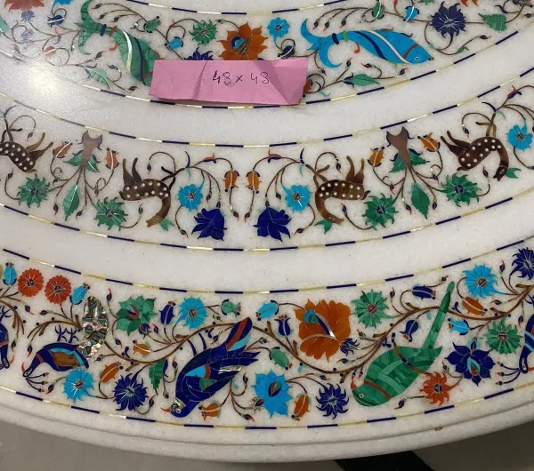 4-1-2.webp Antique Round White Marble Inlay Table Top with elegant flower, birds, fish & animal designs