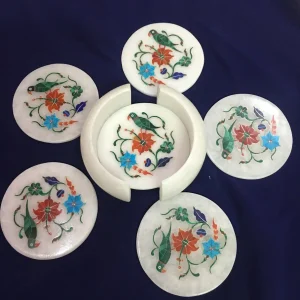 Online White Marble Inlay Coaster Set with parrot Design & Inlaid Multi Semi-precious Stone
