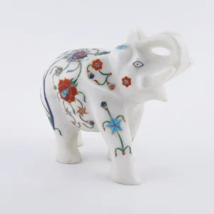 Traditional Indian Marble Inlay Elephant Statue with Floral Motif