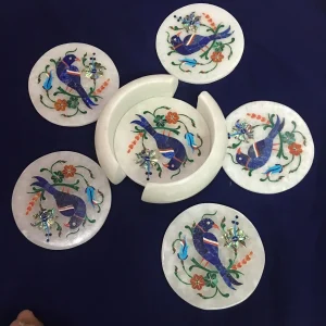 coaster-1.webp Online White Marble Inlay Coaster Set with parrot Design & Inlaid lapis Stone