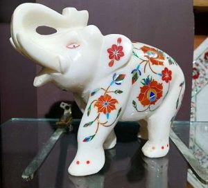 Trunk Up Marble Inlay Elephant Sign of Good Luck