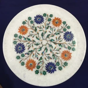 marble-inlay-plate-1.webp Handcrafted Inlay Semi-precious Stone White Marble Plate Agra – Shop Now