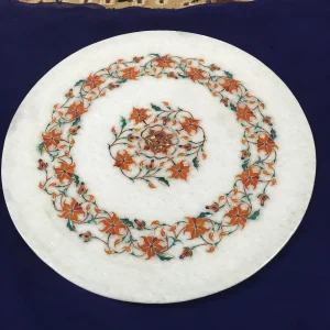 marble-inlay-plate-10.webp White Marble Plate with Agra Inlay Work done by Master Artist