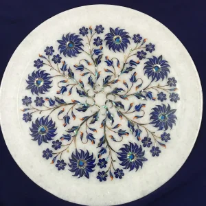 marble-inlay-plate-3.webp Handcrafted Inlay Lapis Lazuli White Marble Plate Agra - Shop Now